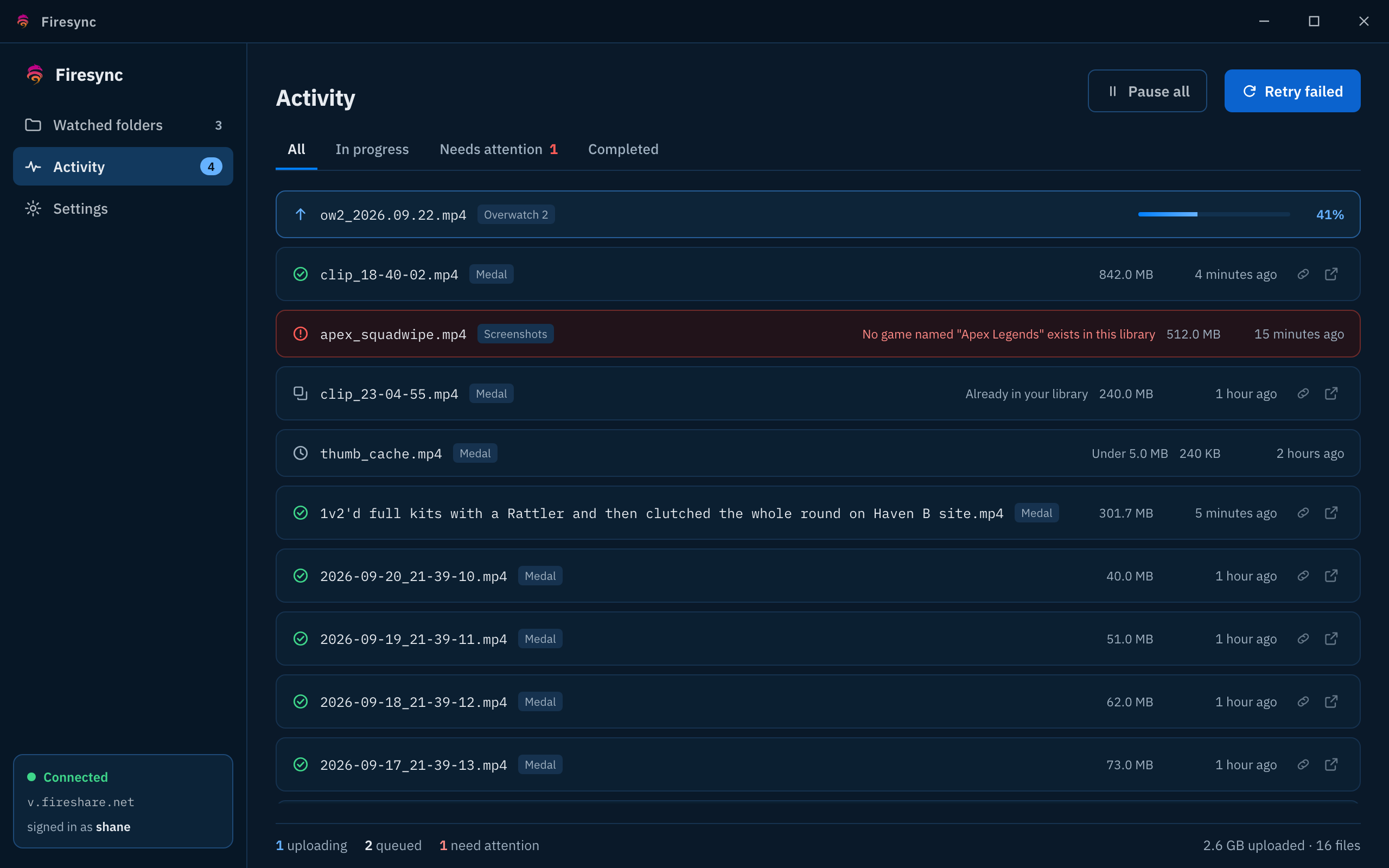 Firesync activity feed listing uploaded, skipped, duplicate and failed files with the reason for each.