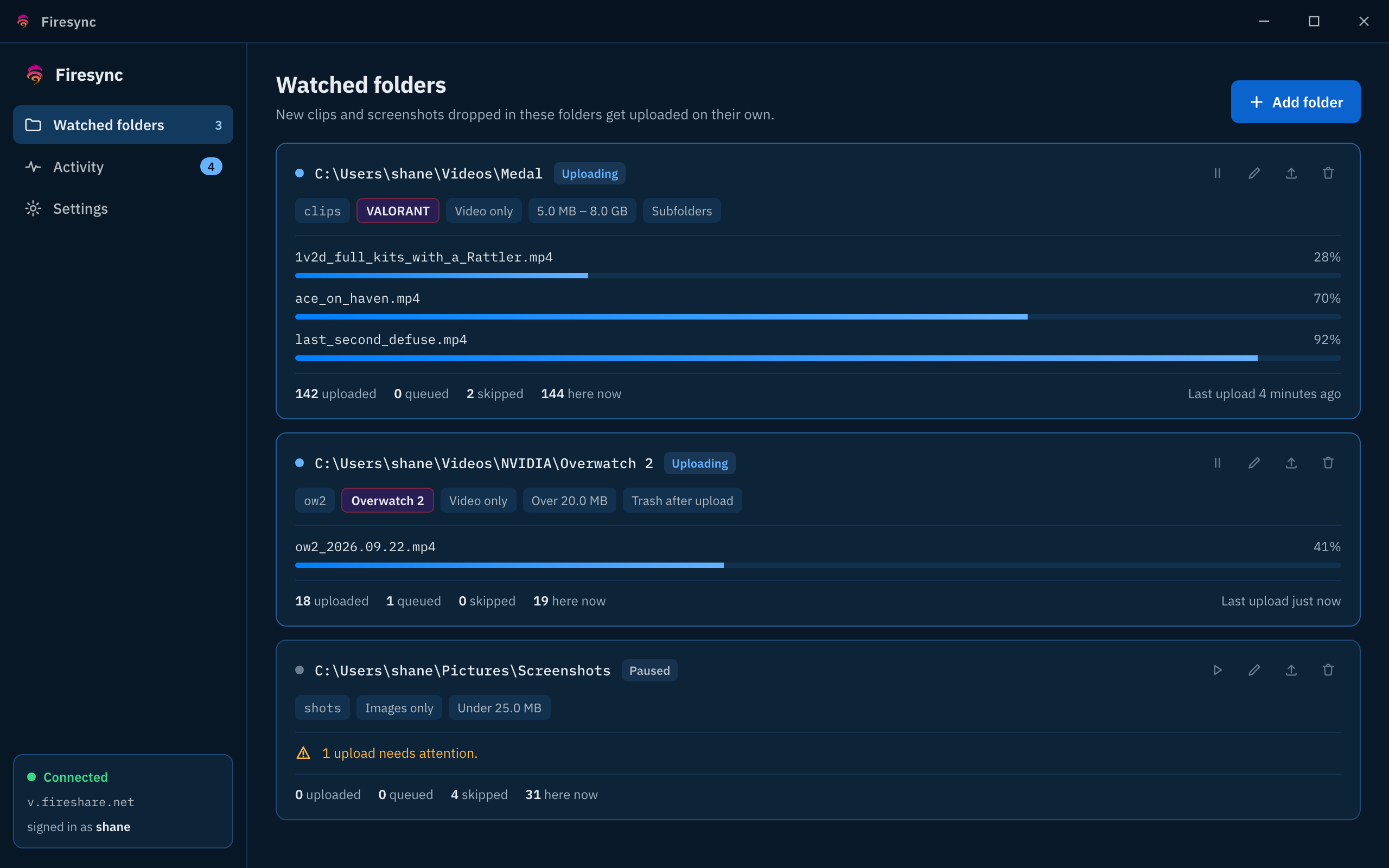 Firesync watched folders: three capture folders with per-folder rules and three clips uploading with progress bars.
